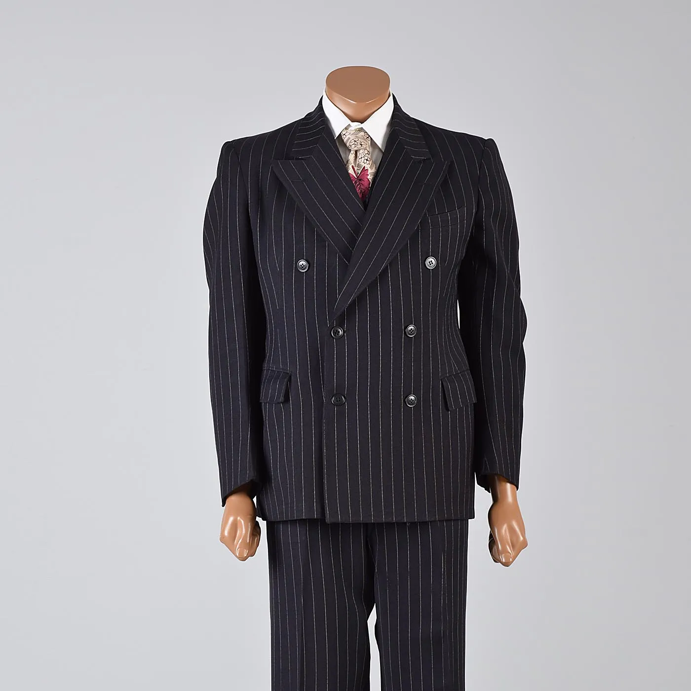 1940s Men's Four Piece Black Pinstripe Suit Double Breasted & Button Fly