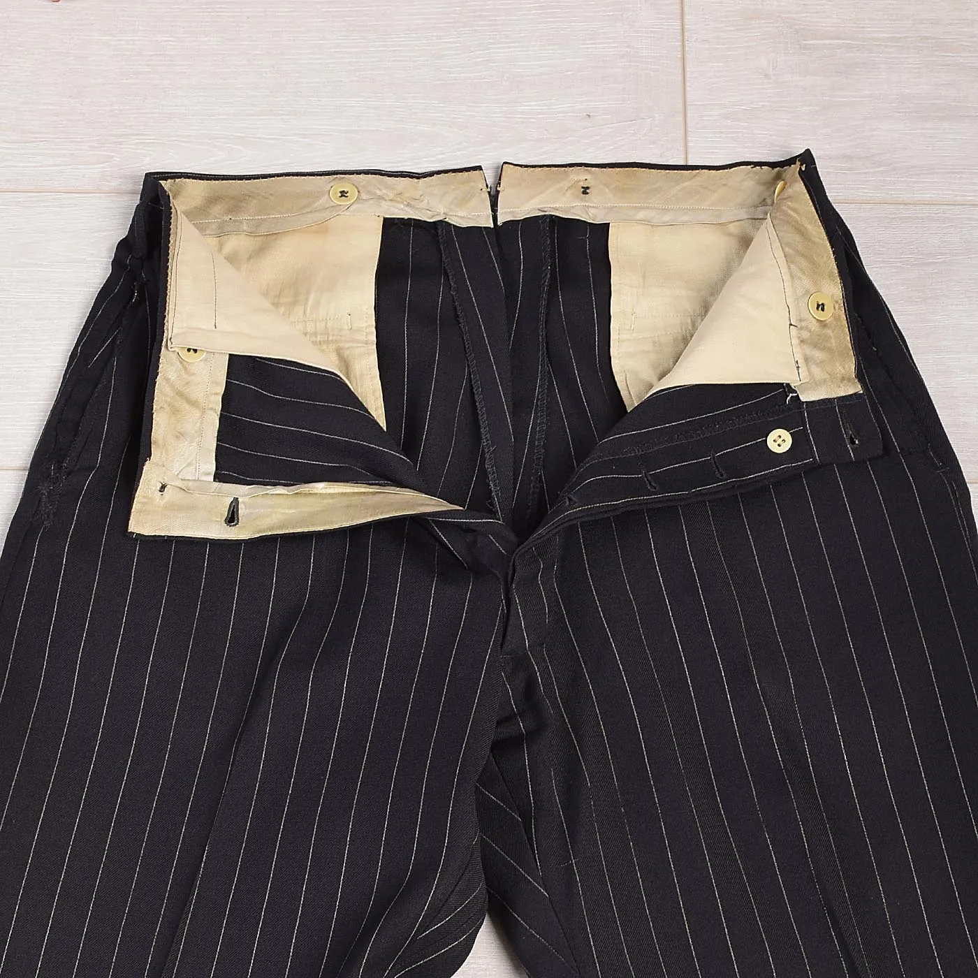 1940s Men's Four Piece Black Pinstripe Suit Double Breasted & Button Fly