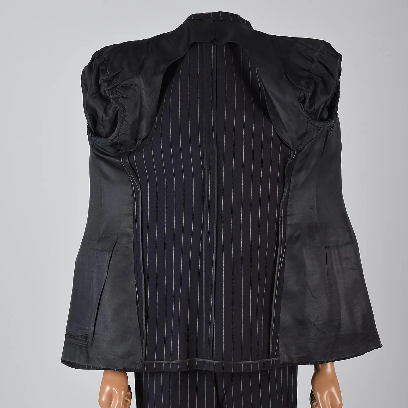 1940s Men's Four Piece Black Pinstripe Suit Double Breasted & Button Fly