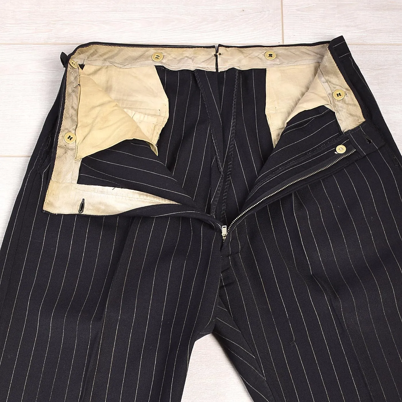 1940s Men's Four Piece Black Pinstripe Suit Double Breasted & Button Fly