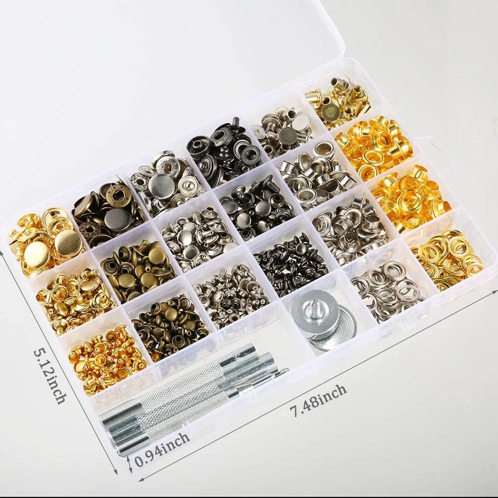 400 Set 4 Style Snap Fasteners Kit Including Leather Rivets, Eyelets, Grommets, Binding Screws, Snap Buttons Press Studs Kit with Fixing Tools for Thin Leather, Jacket, Jeans Wear