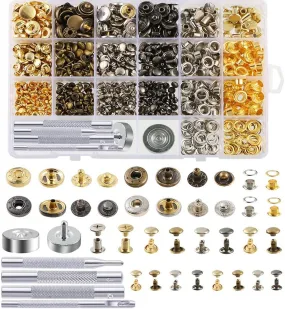400 Set 4 Style Snap Fasteners Kit Including Leather Rivets, Eyelets, Grommets, Binding Screws, Snap Buttons Press Studs Kit with Fixing Tools for Thin Leather, Jacket, Jeans Wear