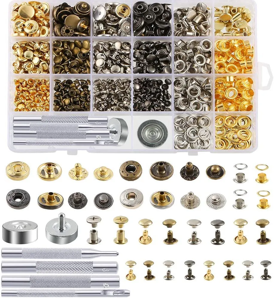 400 Set 4 Style Snap Fasteners Kit Including Leather Rivets, Eyelets, Grommets, Binding Screws, Snap Buttons Press Studs Kit with Fixing Tools for Thin Leather, Jacket, Jeans Wear