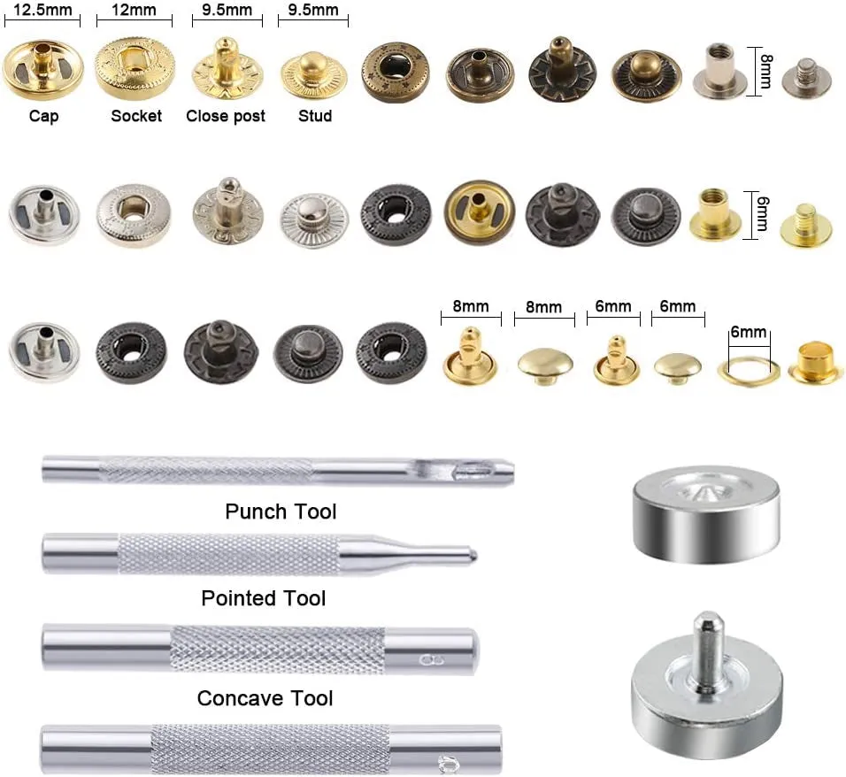 400 Set 4 Style Snap Fasteners Kit Including Leather Rivets, Eyelets, Grommets, Binding Screws, Snap Buttons Press Studs Kit with Fixing Tools for Thin Leather, Jacket, Jeans Wear