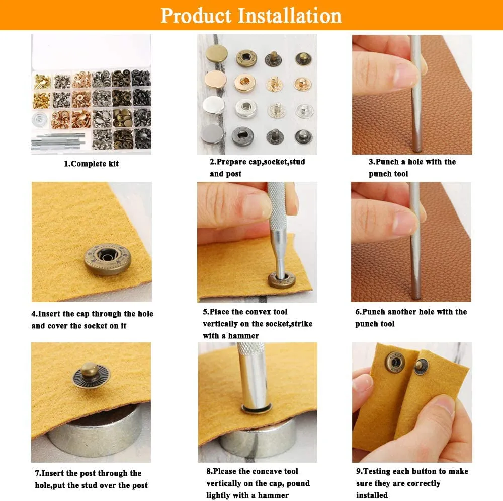 400 Set 4 Style Snap Fasteners Kit Including Leather Rivets, Eyelets, Grommets, Binding Screws, Snap Buttons Press Studs Kit with Fixing Tools for Thin Leather, Jacket, Jeans Wear