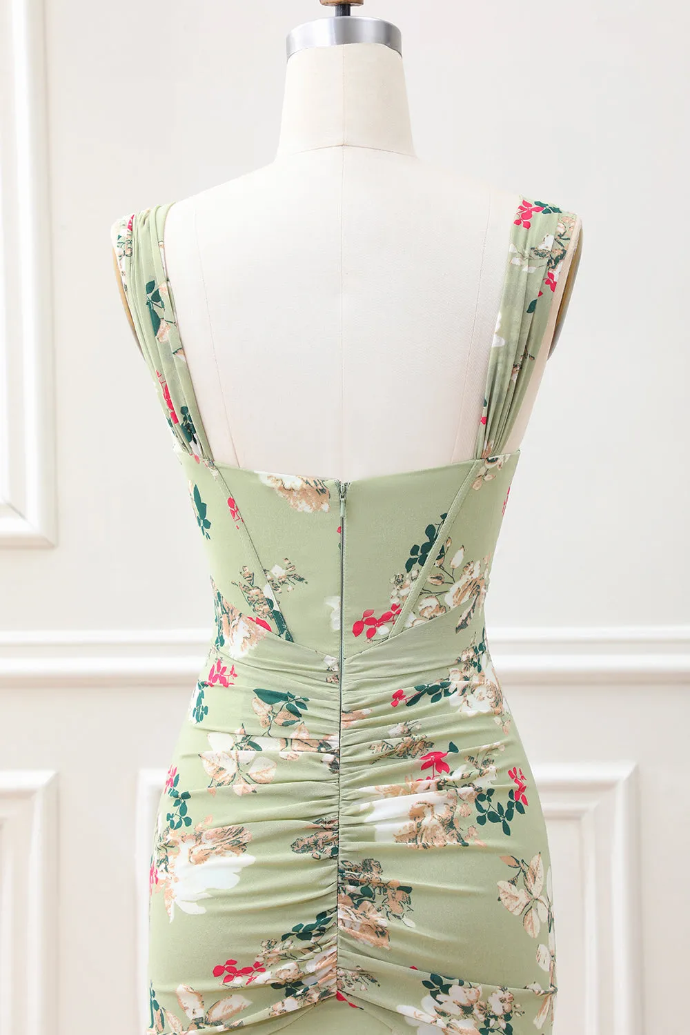 A Line Green Large Flower Mermaid Square Neck Corset Wedding Guest Dress