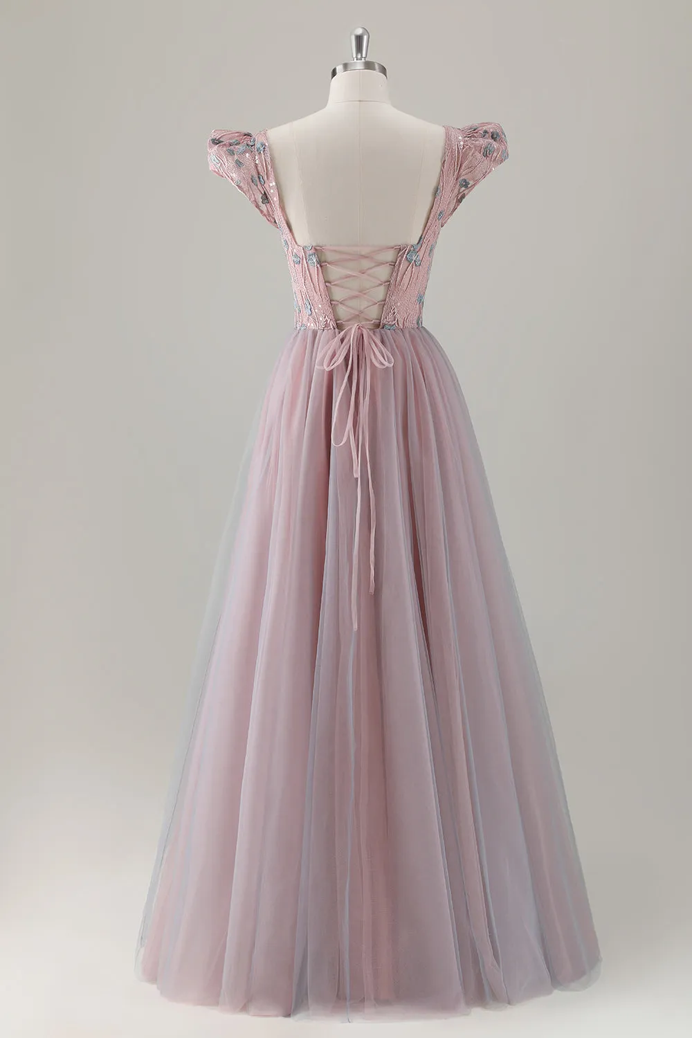 Grey Pink Sequin Appliques Puff Sleeves A Line Tulle Maxi Dress