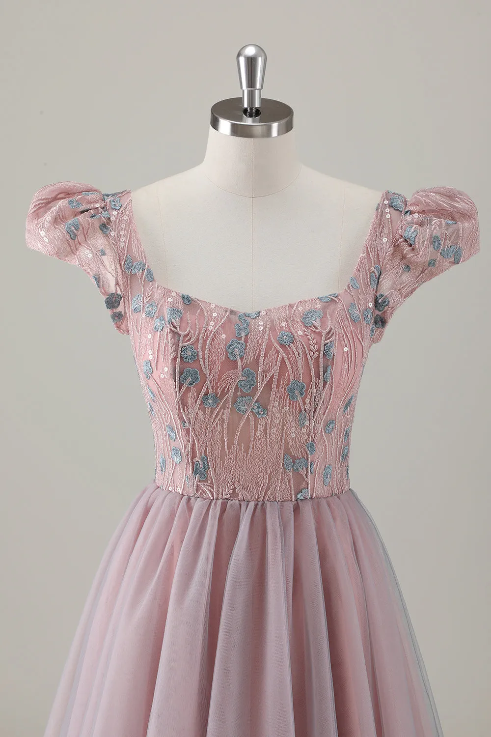 Grey Pink Sequin Appliques Puff Sleeves A Line Tulle Maxi Dress