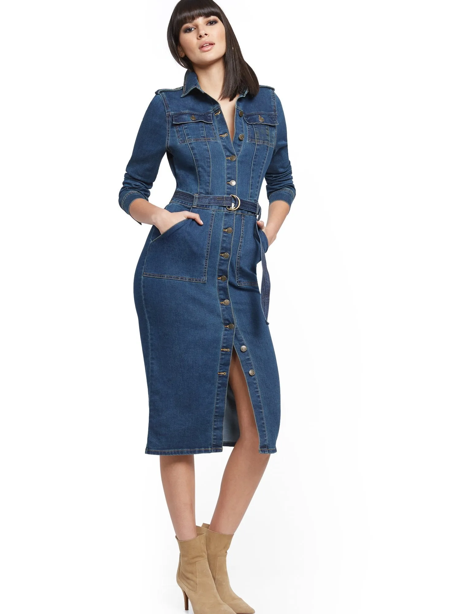 Petite Denim Utility Shirtdress - Dark Wash